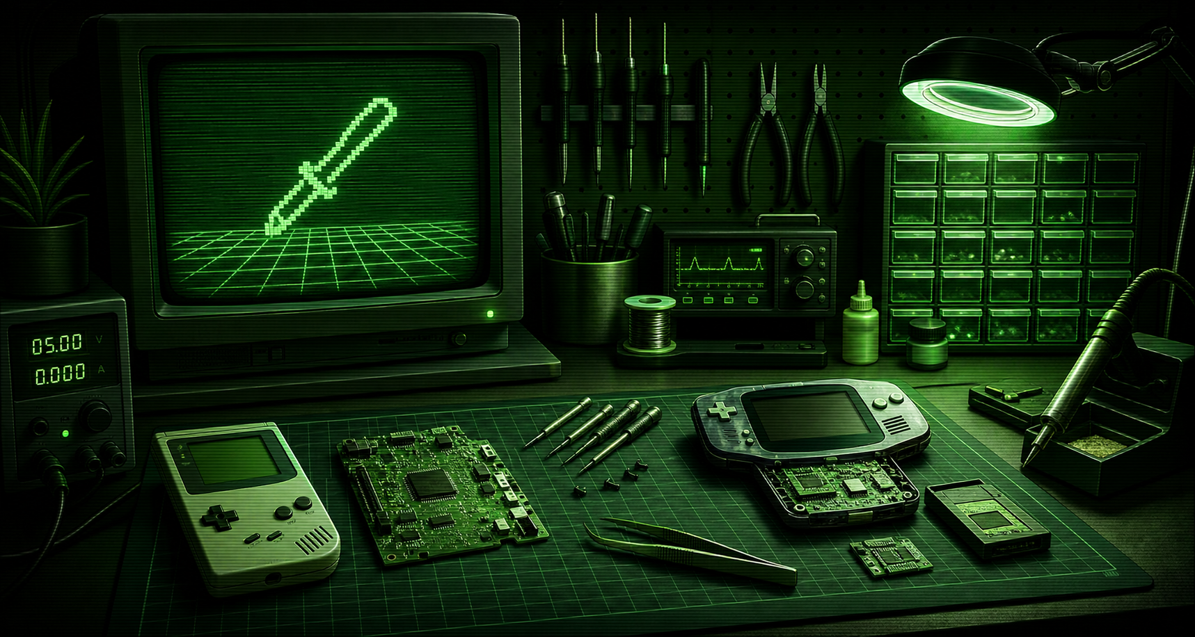 Retro electronics repair bench with consoles, tools, and circuit boards